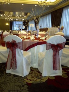 Burgundy Organza Sashes for a Winter Wedding.