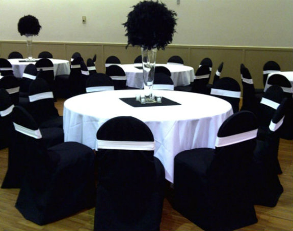 Black Spandex Chair Covers plus Silver Chair Sash with Crown